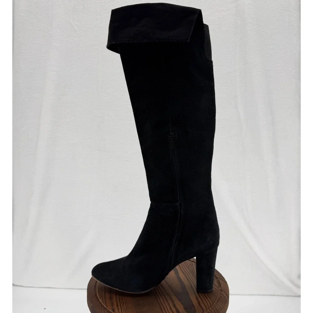 Halogen Noble‎ Black Suede Boots 9.5 Almond Toe Over The Knee Block Heel